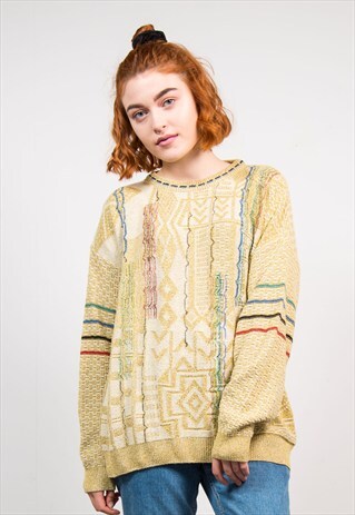 VINTAGE 90'S BEIGE PATTERNED GRUNGE KNIT JUMPER