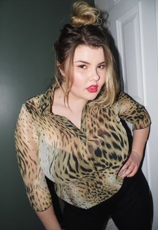 VINTAGE ANIMAL PRINT TOP PLEATED BLOUSE MESH LEOPARD 90'S