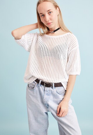 90'S RETRO NEUTRAL KNIT SHEER OVERSIZED MOMS TOP BLOUSE