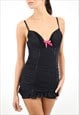 VINTAGE Y2K RUCHED MINI DRESS IN BLACK MESH, BOW DETAIL