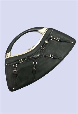DIOR BLACK LEATHER SILVER METALWARE WIDE FLAT CLASP GRAB BAG