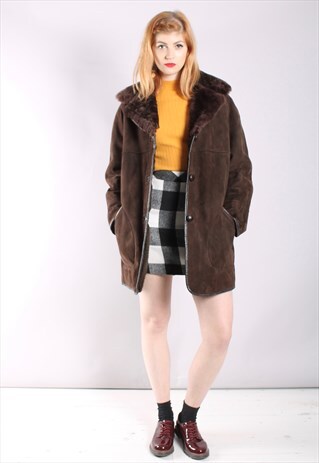 VINTAGE 80S CHOCOLATE BROWN FAUX FUR TRIM SHEEPSKIN COAT