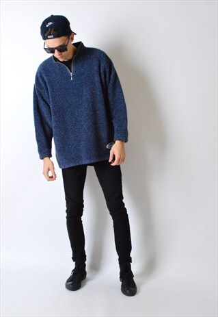 VINTAGE 90S GREYISH BLUE 1/4 ZIPPER FLEECE JUMPER