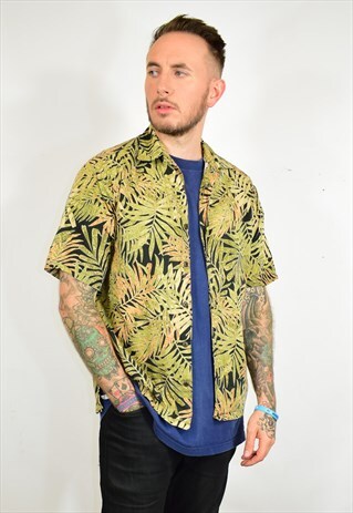 VINTAGE 90S GREEN LEAF PRINT FESTIVAL HAWAIIAN SHIRT