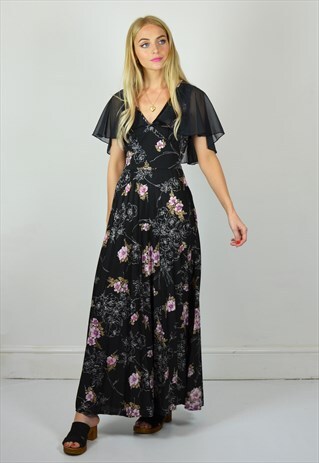 VINTAGE 70S BLACK & PINK FLORAL PRINT BOHO MAXI DRESS