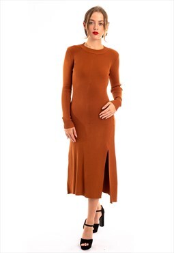 Soft Knitted Ribbed Midi Bodycon Dress tie up on back