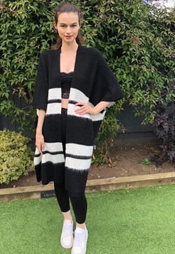 Knitted Poncho Cape in Black and White Stripe