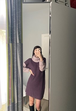 Vintage Knitted Purple Colourblock Turtleneck Y2K Mid Dress