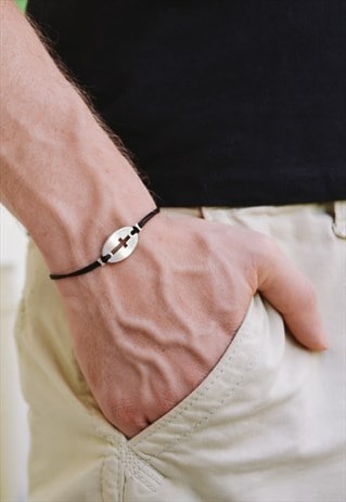 SILVER CROSS BRACELET FOR MEN BLACK CORD CHRISTIAN MENS GIFT