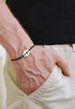 Silver cross bracelet for men black cord christian mens gift