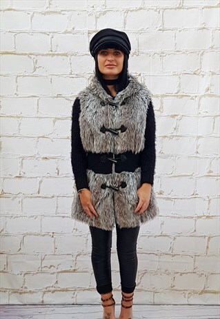VINTAGE GREY FAUX FUR HOODED GILLET