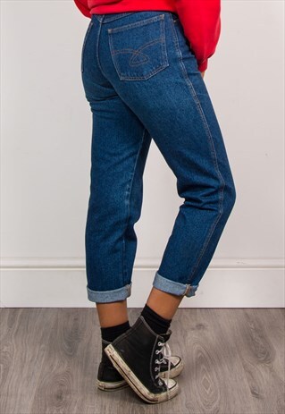 90'S VINTAGE DARK BLUE DENIM MOM STYLE HIGH WAIST JEANS