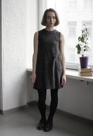 VINTAGE 70'S GREY/BLACK RIBBED GLOSSY MINI DRESS/TUNIC
