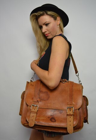 VINTAGE 90S TAN BROWN LEATHER MESSENGER BAG SHOULDER BAG
