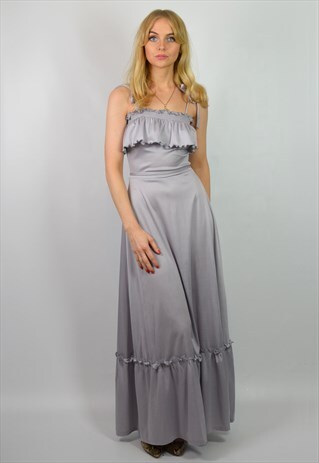 VINTAGE 70S POWDER BLUE OFF SHOULDER FLOOR LENGTH PROM DRESS