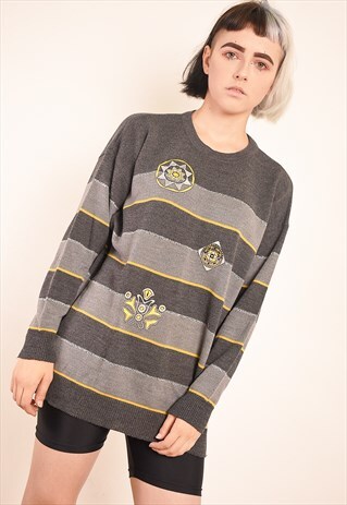 90'S RETRO STRIPED GRAPHIC KNIT OVERSIZED JUMPER