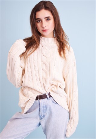 90'S RETRO ARAN STYLE NEUTRAL KNIT OVERSIZED JUMPER TOP