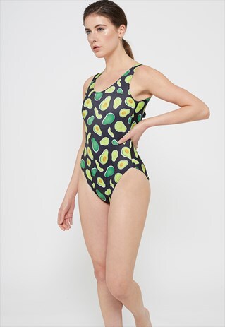 LOW BACK SWIMSUIT IN BLACK AND GREEN AVOCADO PRINT