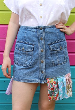 VINTAGE 90S BLUE DENIM MINI SKIRT FLORAL PLEATED PATCHWORK