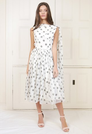 VINTAGE 50S PROM POLKA DOT CHIFFON DRESS