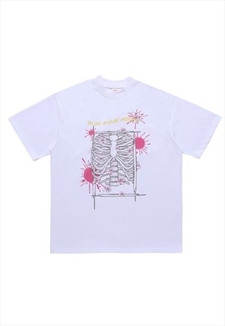 Bones print t-shirt skeleton tee grunge skull top in white