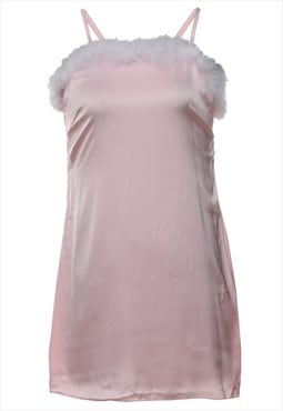 Vintage Pale Pink Faux Fur Trim Y2K Slip Dress - XS