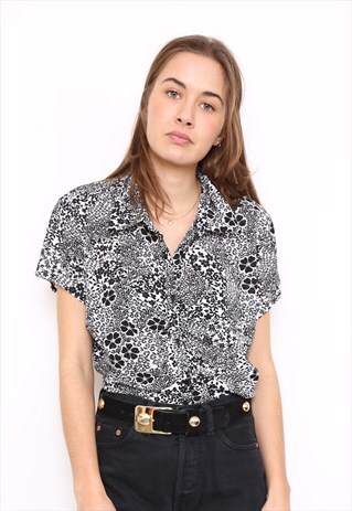 VINTAGE 90S FLORAL MONOCHROME PRINT SHIRT BLOUSE
