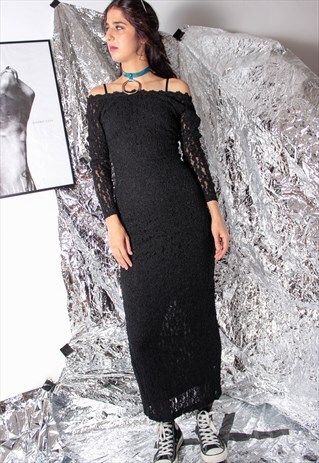 90S GRUNGE Y2K GOTH OFF SHOULDER BLACK LACE MAXI PARTY DRESS