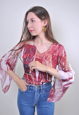 80S ABSTRACT PRINT RED WIDE SLEEVE PARTY BLOUSE, SIZE S
