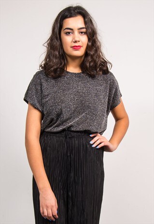 VINTAGE 90'S SILVER SPARKLE GLITTER T-SHIRT TOP