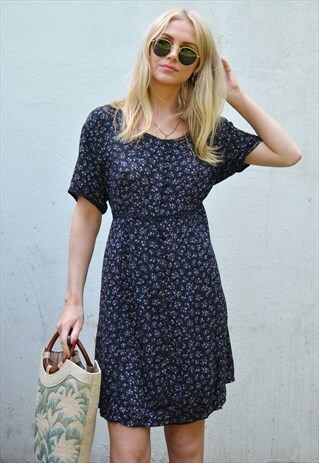 VINTAGE 90S BLACK & PURPLE FLORAL PRINT SUMMER MINI DRESS