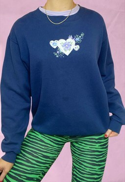 Vintage 90s Cute Floral Embroidered Sweatshirt in Navy
