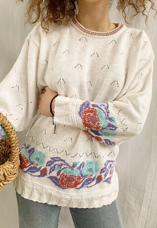 VINTAGE 80S MILKMAID WHITE FLORAL EMBROIDERED JUMPER SWEATER
