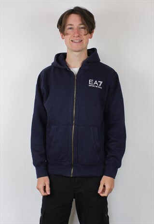 VINTAGE EMPORIO ARMANI HOODIE IN BLUE WITH PRINTED LOGO.