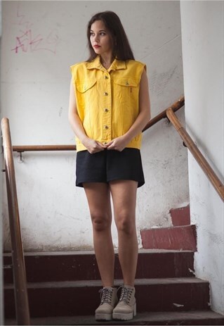 VINTAGE 90S YELLOW DENIM SLEEVELESS JACKET / GILET