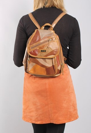 VINTAGE 90S PATCHWORK TAN LEATHER BACKPACK RUCKSACK