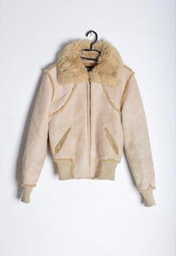 Y2K Beige Retro Style Warm Faux Fur Bomber Jacket