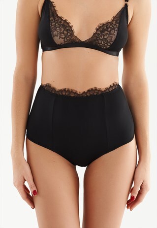 CLAIRE SOLID LINGERIE SET WITH LACE HIGH PANTIES BLACK