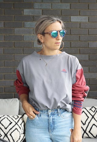 VINTAGE 1990S ADIDAS OVERSIZED WASHED GREY LONG SLV T SHIRT