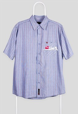 Vintage Quiksilver Striped Shirt Blue Button Up Spell Out 