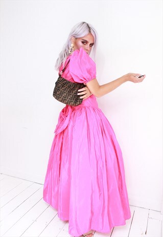 VINTAGE 80S HOT PINK SATIN PROM DRESS