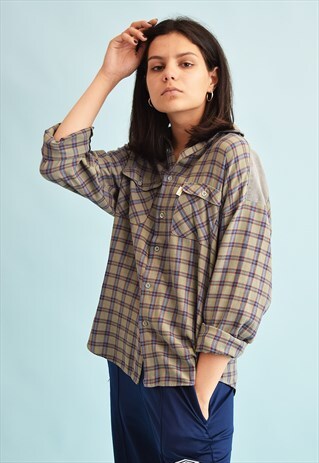 90'S RETRO CHECKED PRINT WORKWEAR OVERSIZED SHIRT TOP