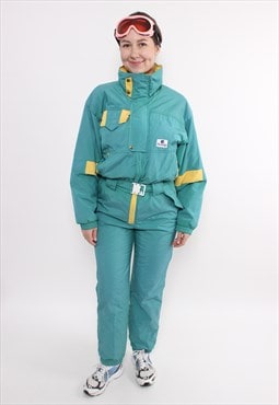 90s vintage one piece ski suit in green, retro snowsuit 