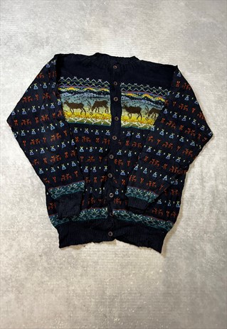 VINTAGE KNITTED CARDIGAN REINDEER PATTERNED CHUNKY KNIT