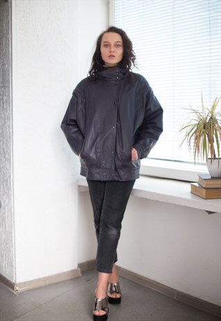 VINTAGE 80'S LEATHER BOMBER JACKET IN DARK PURPLE