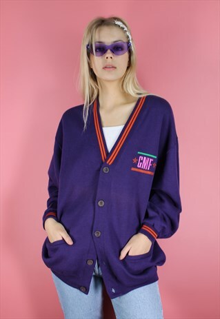VINTAGE 90S OVERSIZE PURPLE COLLEGE CARDIGAN GIVE ME FOOD