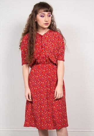 VINTAGE 90'S RED FLORAL TEA DRESS