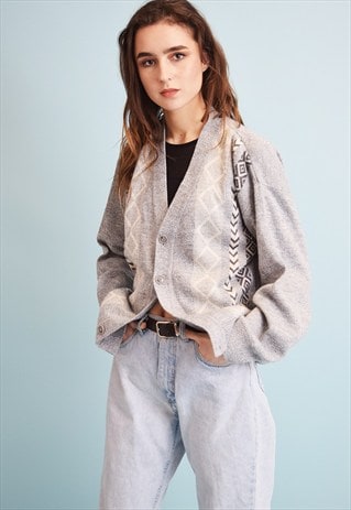 90'S RETRO OVERSIZED ABSTRACT KNIT NEUTRAL DADS CARDIGAN