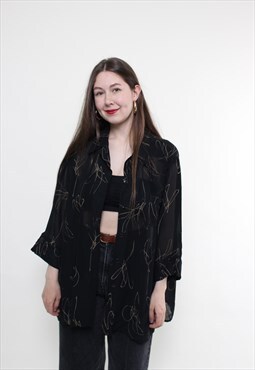 Vintage 90s black sheer blouse, floral blouse see through 