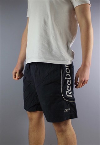 VINTAGE REEBOK SHORTS IN NAVY WITH POCKETS, EMBROIDERED LOGO